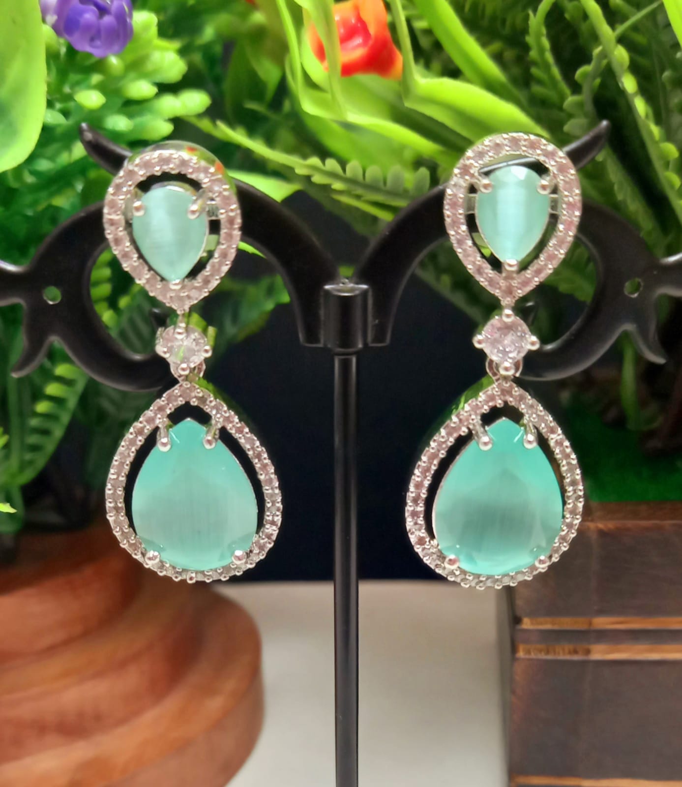Green colour Indian Jewellery American Diamond White Polish Earrings Danglers with Shiny Cut Stone for Women Wedding
