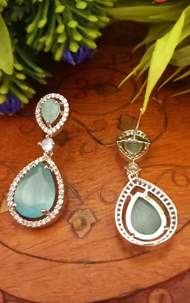 Green colour Indian Jewellery American Diamond White Polish Earrings Danglers with Shiny Cut Stone for Women Wedding