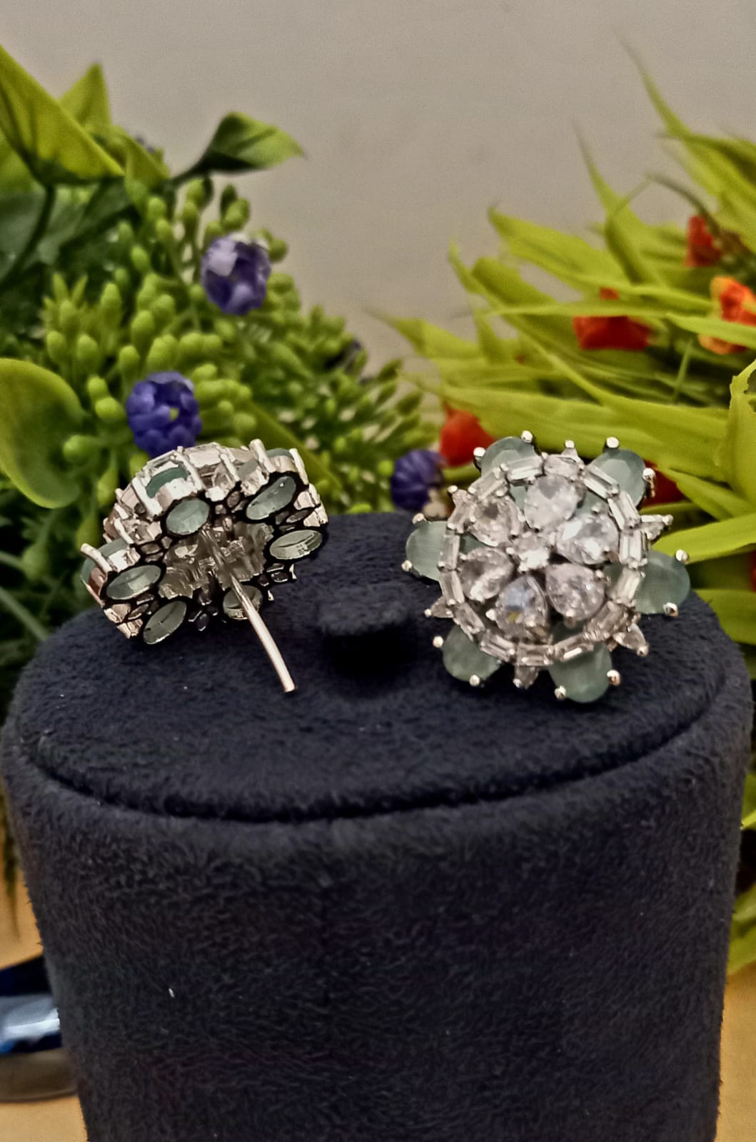 Light Green colour American Diamond Earrings Tops for Women & Girls White Polish