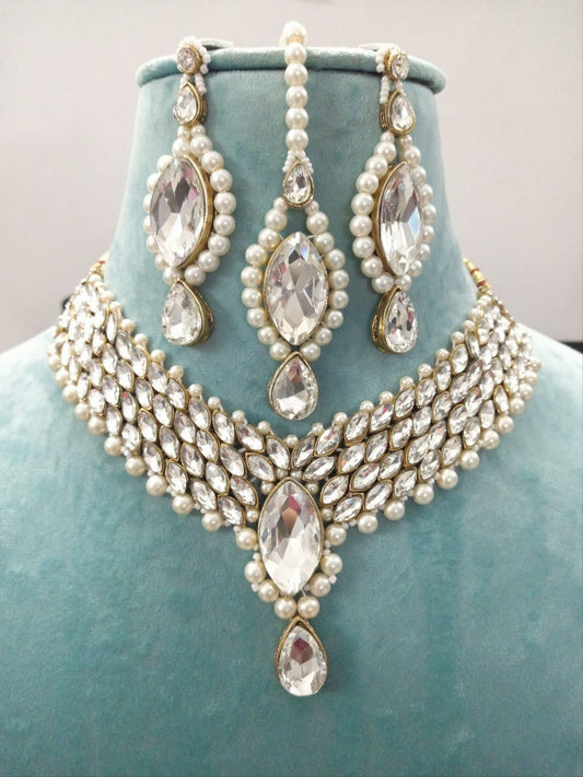 Crystal Sparkling Necklace Set with Earrings & Maangtika