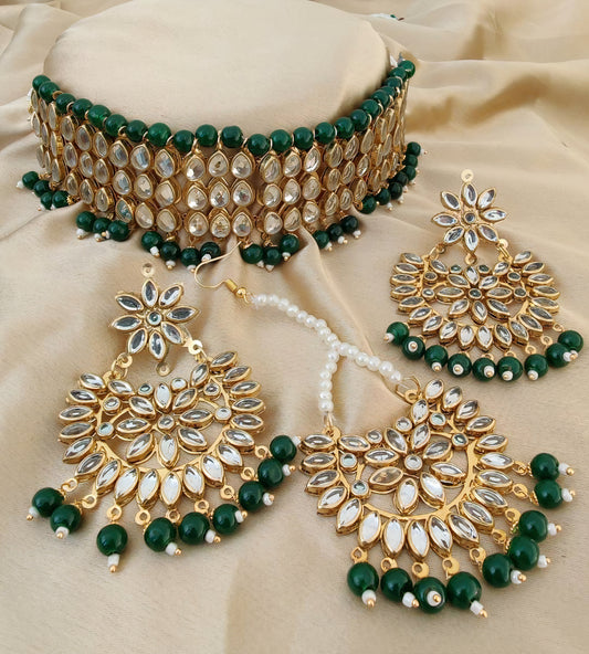 Green Brass Light Weight Kundan Choker Set with Earrings & Maangtika Necklace Combo