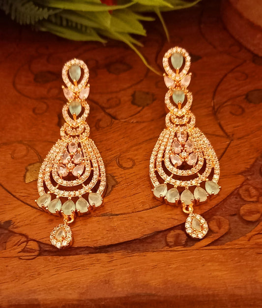 Green colour Indian Jewellery American Diamond Rose Polish Long Hangging Dangler Earrings for Women Wedding