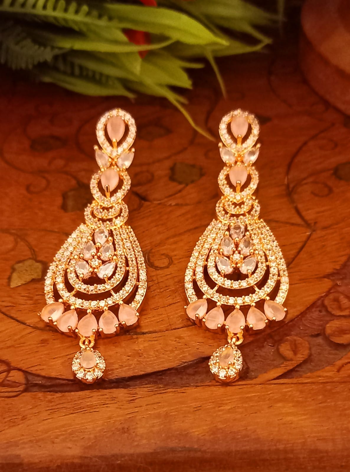 Pink colour Indian Jewellery American Diamond Rose Polish Long Hangging Dangler Earrings for Women Wedding