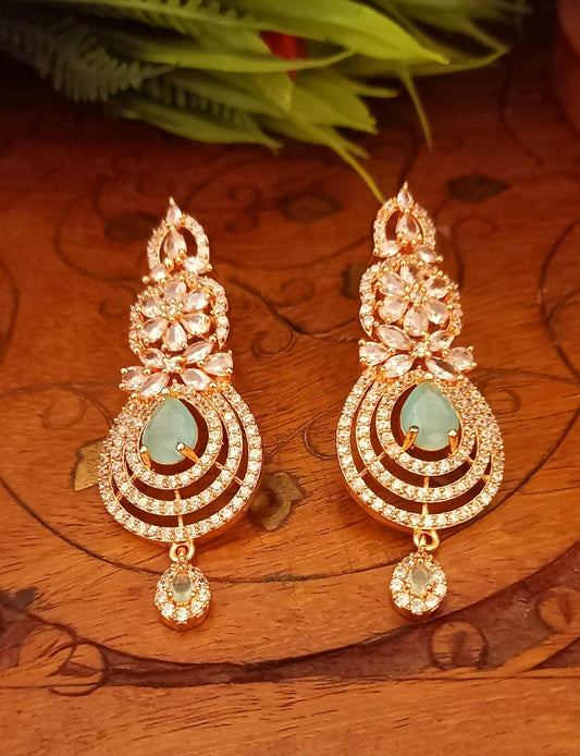 Green colour Indian Jewellery American Diamond Rose Polish Long Hangging Dangler Earrings for Women Wedding