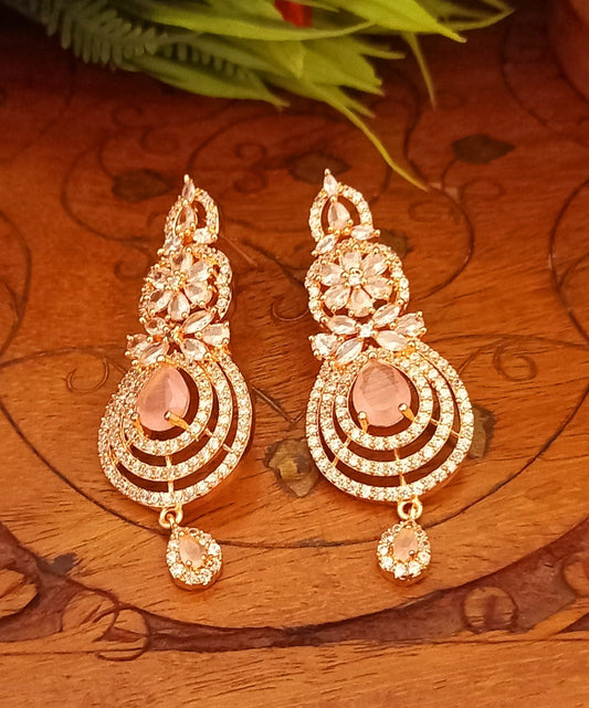 Pink colour Indian Jewellery American Diamond Rose Polish Long Hangging Dangler Earrings for Women Wedding