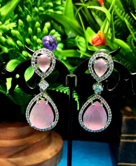 Pink colour Indian Jewellery American Diamond White Polish Earrings Danglers with Shiny Cut Stone for Women Wedding