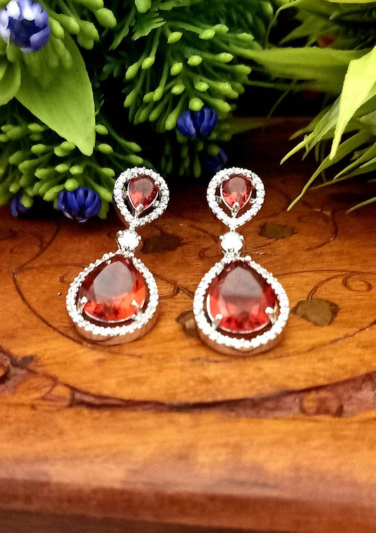 Red colour Indian Jewellery American Diamond White Polish Earrings Danglers with Shiny Cut Stone for Women Wedding