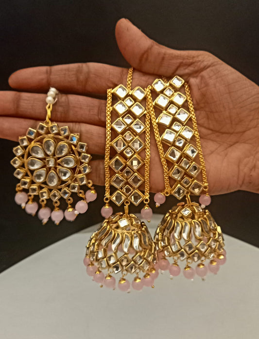 Copper Gold Plated Handmade Kundan Ear Chain Jhumka Earring with Mang Tika