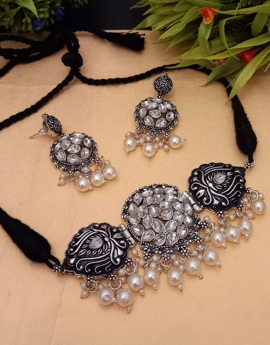 Black color Oxidised Necklace Set Jewellery for Women