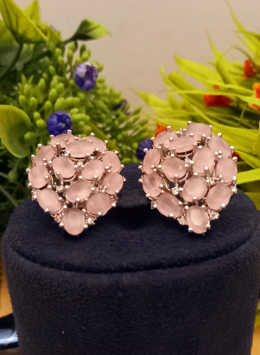 Pink colour American Diamond Earrings Tops for Women & Girls White Polish