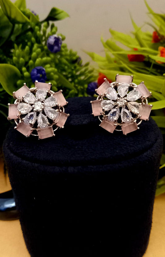 Pink Colour American Diamond Earrings Tops for Women & Girls White Polish