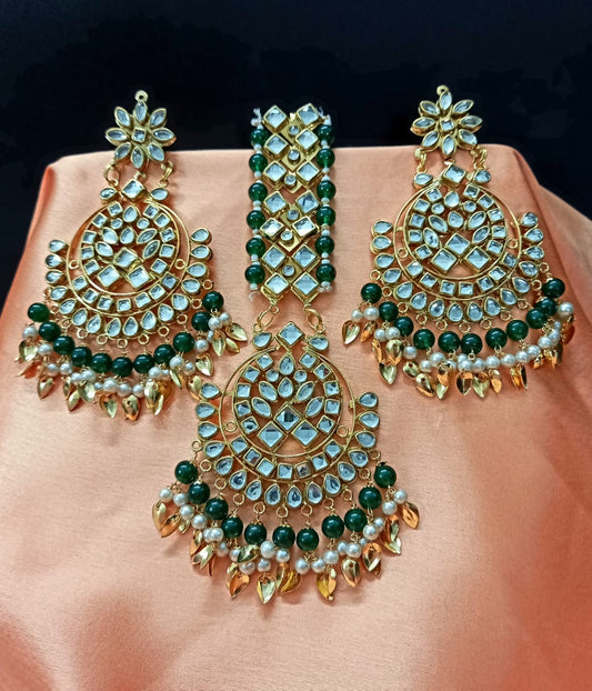 Green Gold Plated Kundan Light Weight Earrings Maangtika Set Combo